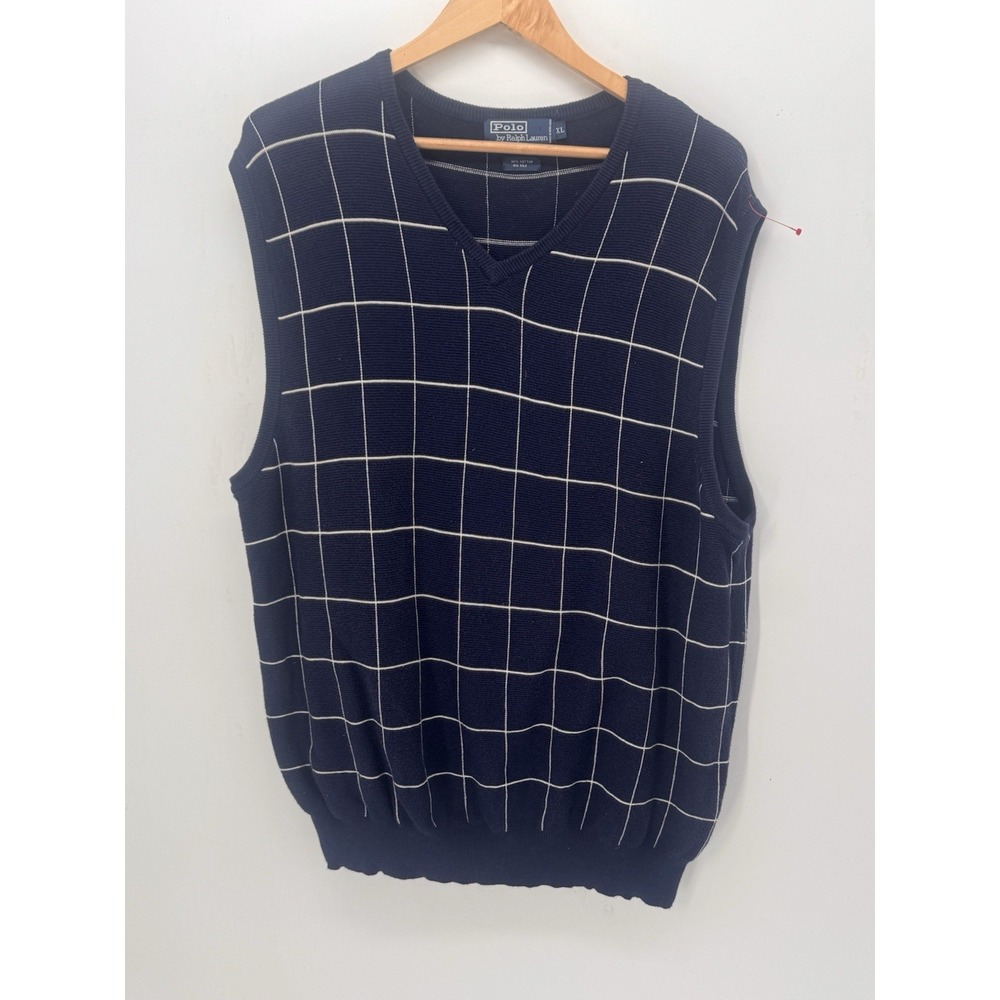 Men's Polo Ralph Lauren Blue White Check Cotton Silk Sweater Vest Size XL